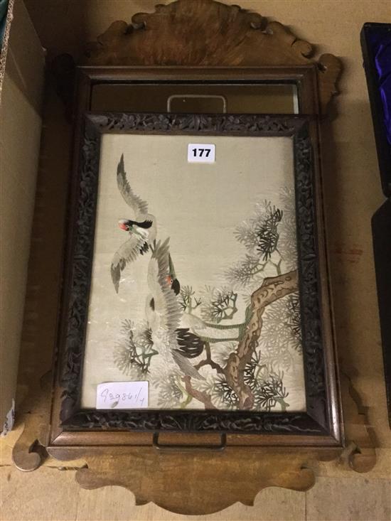 Framed Japanese embroidered tray & fret cut wall mirror